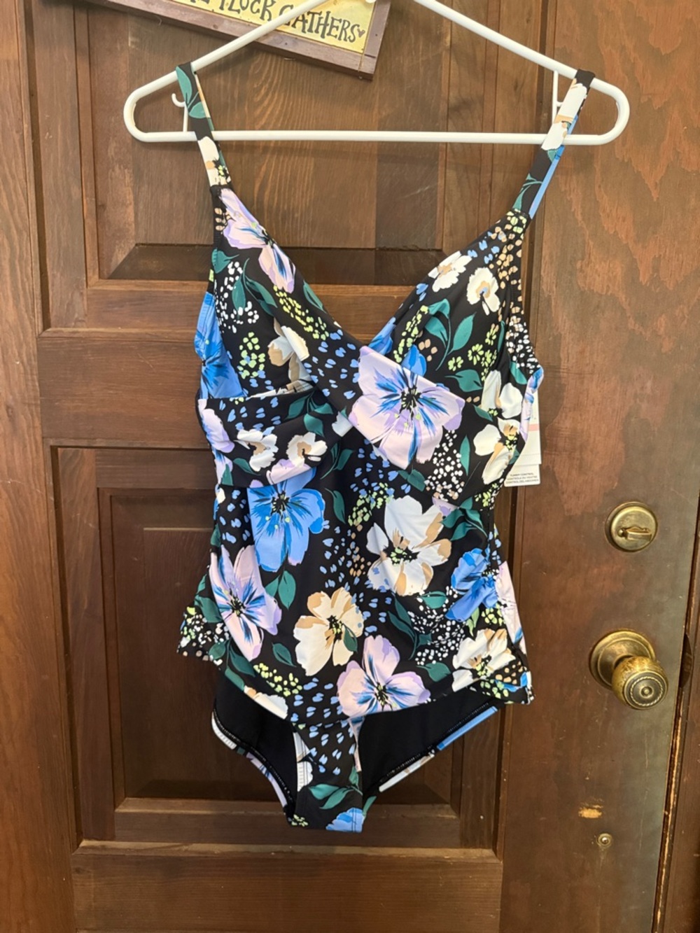 Jantzen Black One-Piece Swimsuit with Blue, Lavender & White Floral Print